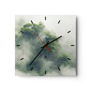 Wanduhr - Glasuhr - Grüne Bäume im dichten Nebel vor einem natürlichen Hintergrund - 30x30cm - In Nebel gehüllt - Moderne Wanddekoration für Wohnzimmer und Schlafzimmer ARTTOR