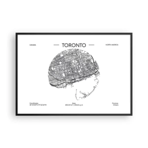 Poster in einem schwarzem Rahmen - Eine Karte von Toronto im minimalistischen Schwarz-Weiß-Stil - 100x70cm - Anatomie von Toronto - Moderne Wanddekoration für Wohnzimmer und Schlafzimmer ARTTOR