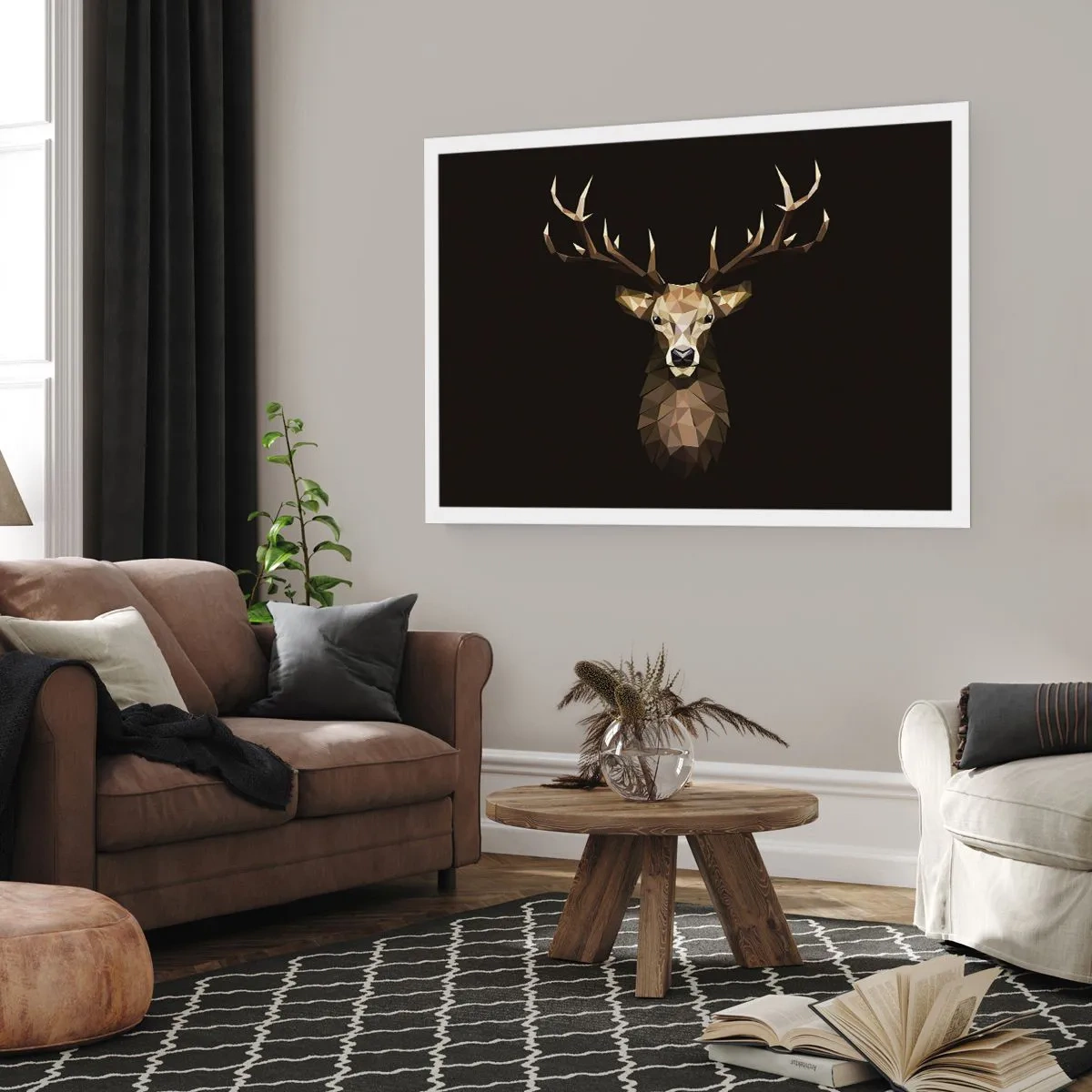 Poster - Geometrisches Polygon Hirsch auf schwarzem Hintergrund - 100x70cm - Kubistischer Hirsch - Moderne Wanddekoration für Wohnzimmer und Schlafzimmer ARTTOR
