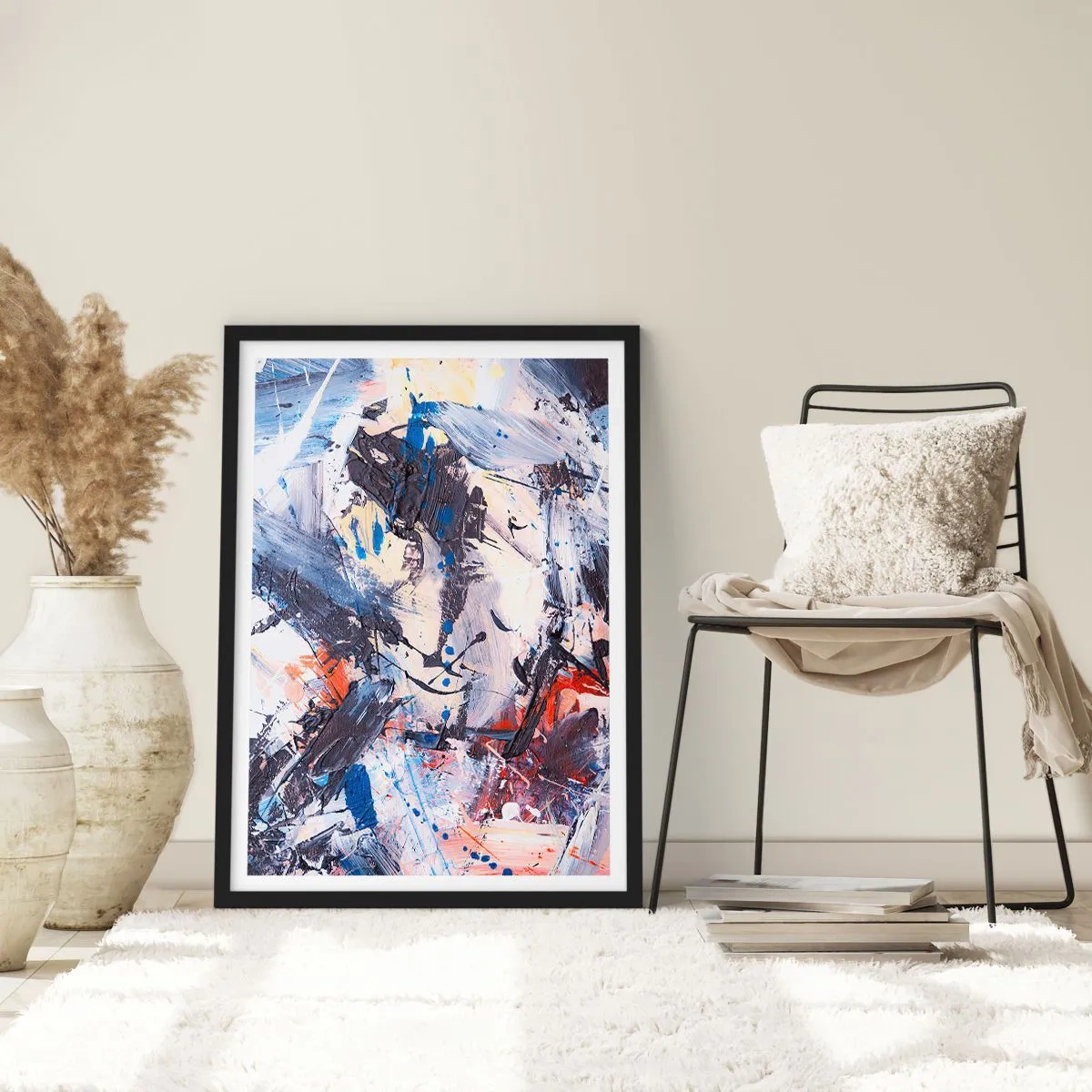 Poster in einem schwarzem Rahmen - Abstrakte Komposition in Blau- und Orangetönen - 50x70cm - Verrückter Tanz der Abstraktion - Moderne Wanddekoration für Wohnzimmer und Schlafzimmer ARTTOR