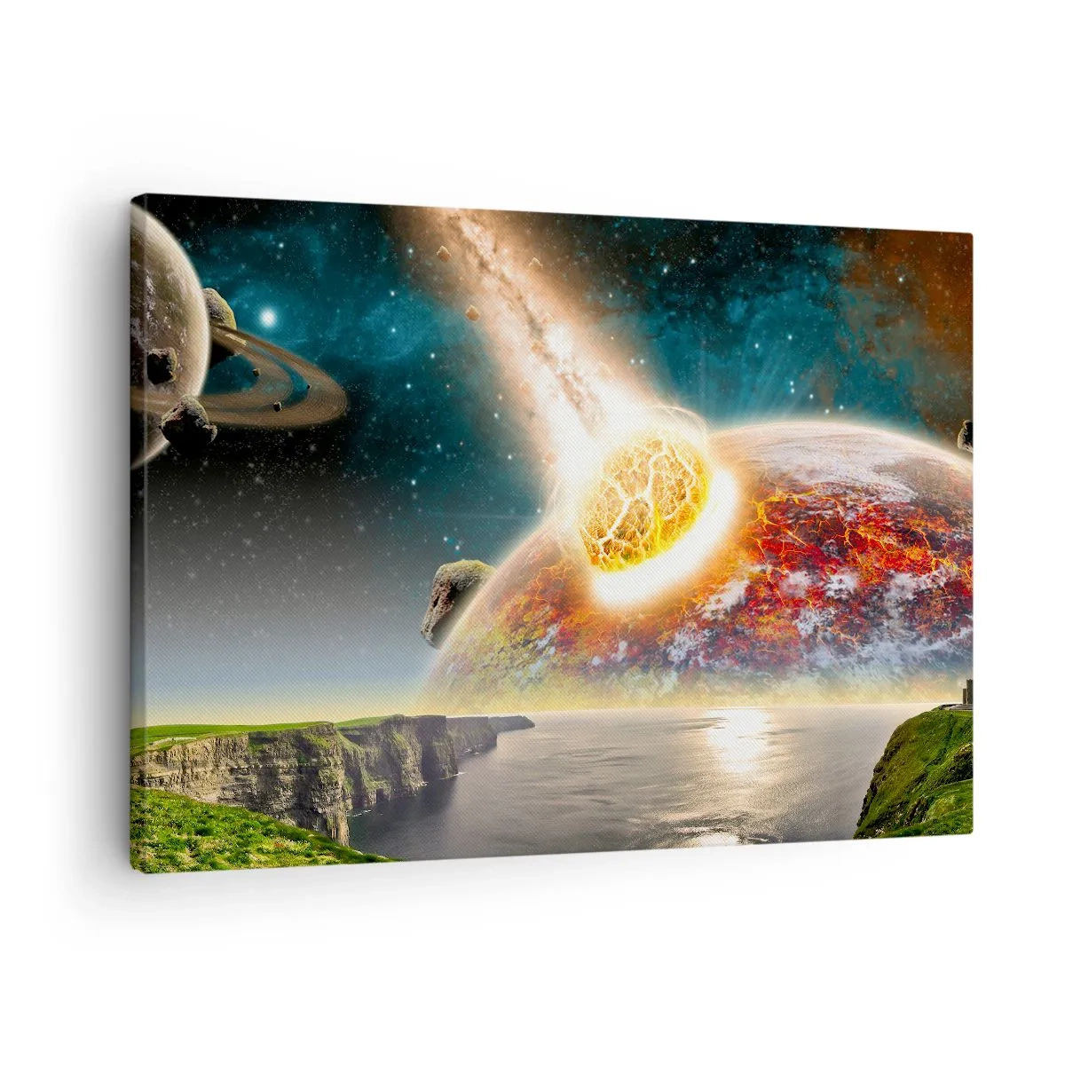 Bild auf Leinwand - Leinwandbild - Ein Meteorit kollidiert mit einem Planeten in einer kosmischen Landschaft. - 70x50cm - Kosmisches Drama - Moderne Wanddekoration für Wohnzimmer und Schlafzimmer ARTTOR