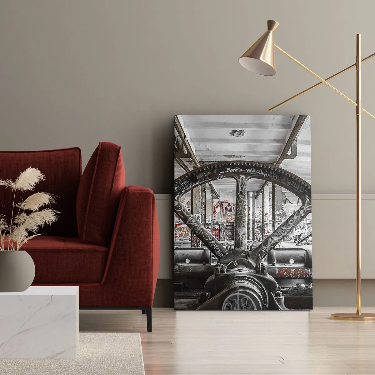 Bild auf Leinwand - Leinwandbild - Ein alter Mechanismus in einem verlassenen Industriegebäude - 70x100cm - Das geheime Leben der Fabrik - Moderne Wanddekoration für Wohnzimmer und Schlafzimmer ARTTOR