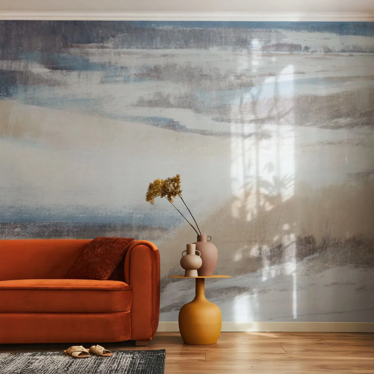 Fototapete Premium Sand - Abstrakte Winterlandschaft mit Blau und Beige - 100x70cm - Winterkomposition - Moderne Wanddekoration für Wohnzimmer und Schlafzimmer ARTTOR