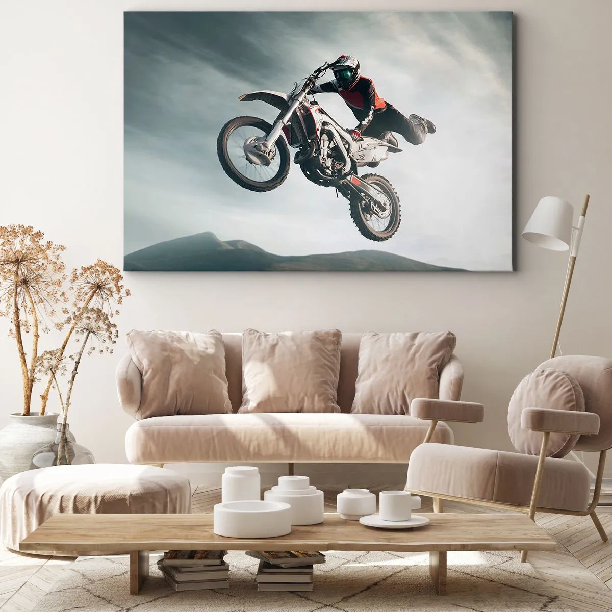 Bild auf Leinwand - Leinwandbild - Motorradfahrer in der Luft bei einem Sprung - 100x70cm - Kein Spaß ohne Risiko - Moderne Wanddekoration für Wohnzimmer und Schlafzimmer ARTTOR