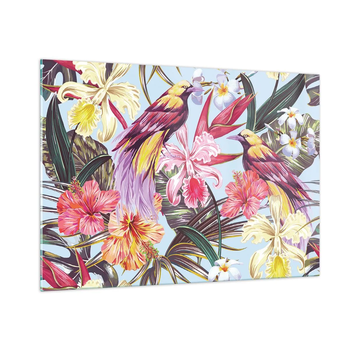 Glasbild - Bild auf glas - Exotische Vögel und Blumen auf hellem Hintergrund - 100x70cm - Blütenblätter und Federn - Moderne Wanddekoration für Wohnzimmer und Schlafzimmer ARTTOR