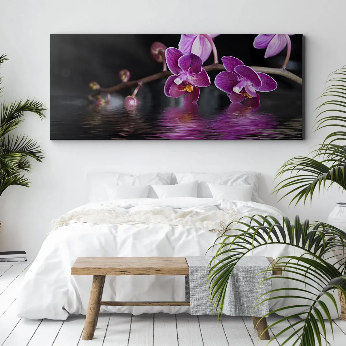 Bild auf Leinwand - Leinwandbild - Lila Orchideen über ruhigem Wasser vor schwarzem Hintergrund - 120x50cm - Lila Spiegelbild der Schönheit - Moderne Wanddekoration für Wohnzimmer und Schlafzimmer ARTTOR