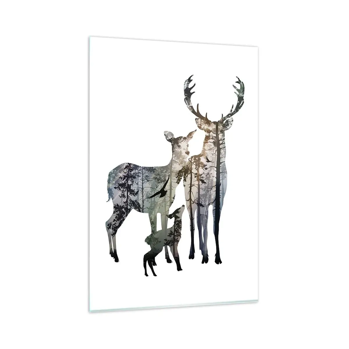 Glasbild - Bild auf glas - Waldlandschaft in den Silhouetten von Hirschen - 80x120cm - Familienfotografie - Moderne Wanddekoration für Wohnzimmer und Schlafzimmer ARTTOR