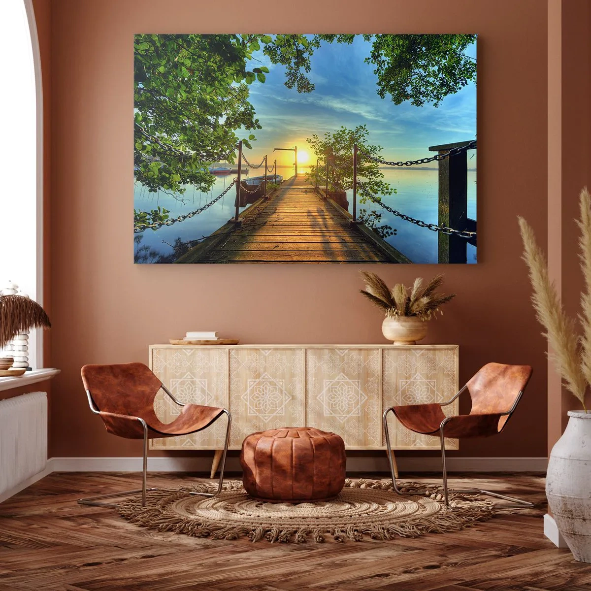Bild auf Leinwand - Leinwandbild - Ein Pier über dem See in den Strahlen des Sonnenuntergangs - 120x80cm - Westen auf dem Wasser - Moderne Wanddekoration für Wohnzimmer und Schlafzimmer ARTTOR