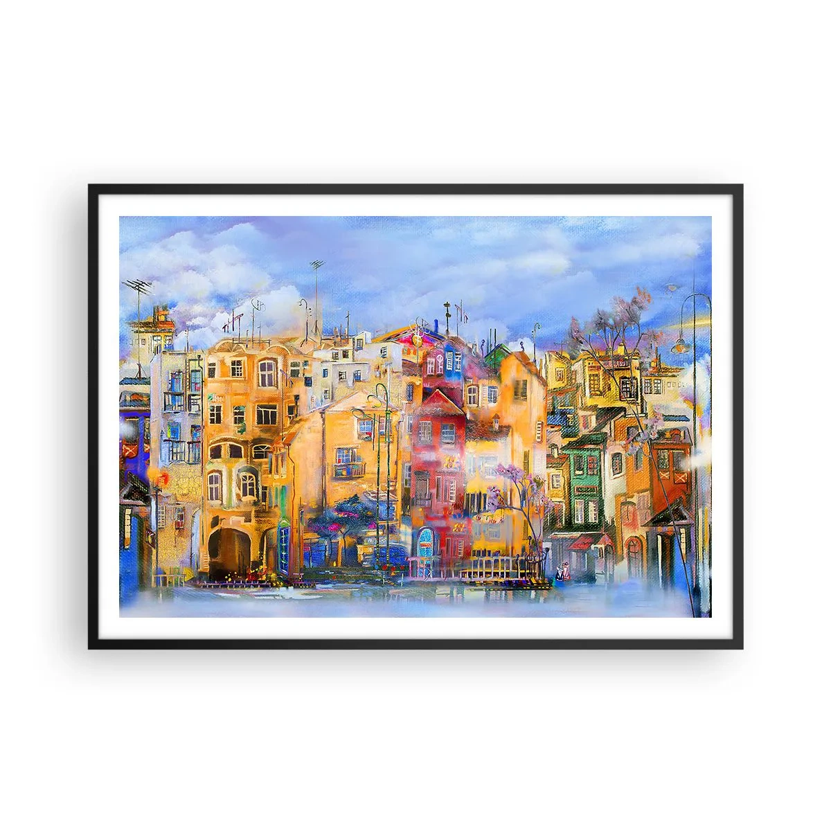 Poster in einem schwarzem Rahmen - Farbenfrohe Stadtgebäude im künstlerischen Stil - 100x70cm - Wir sind zusammen - Moderne Wanddekoration für Wohnzimmer und Schlafzimmer ARTTOR