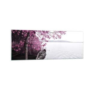 Glasbild - Bild auf glas - Ein Boot am Ufer eines Sees zwischen rosa Bäumen - 140x50cm - In rosa Stille - Moderne Wanddekoration für Wohnzimmer und Schlafzimmer ARTTOR
