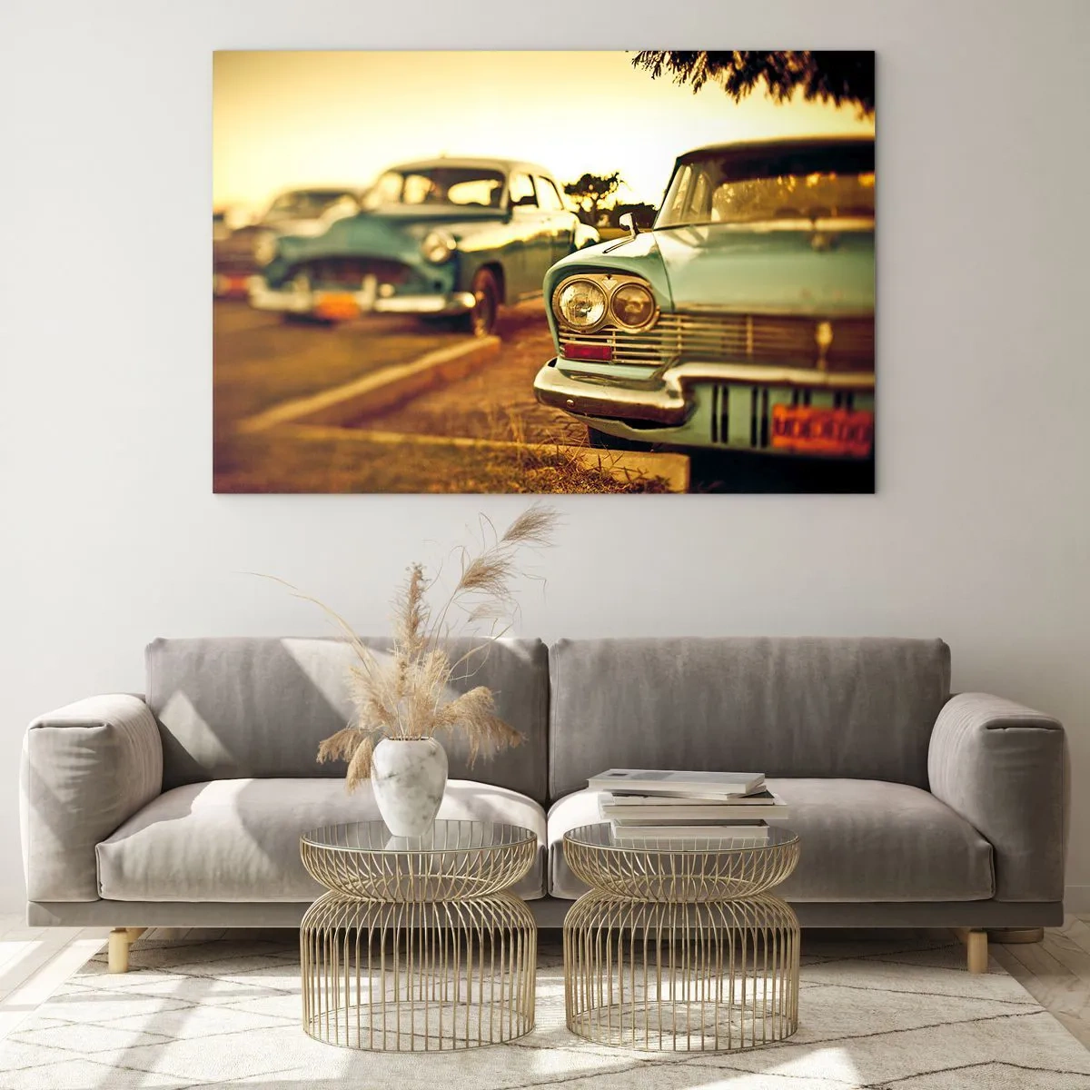 Glasbild - Bild auf glas - Retro-Autos im warmen Abendlicht - 100x70cm - Wir werden abwarten und sehen - Moderne Wanddekoration für Wohnzimmer und Schlafzimmer ARTTOR