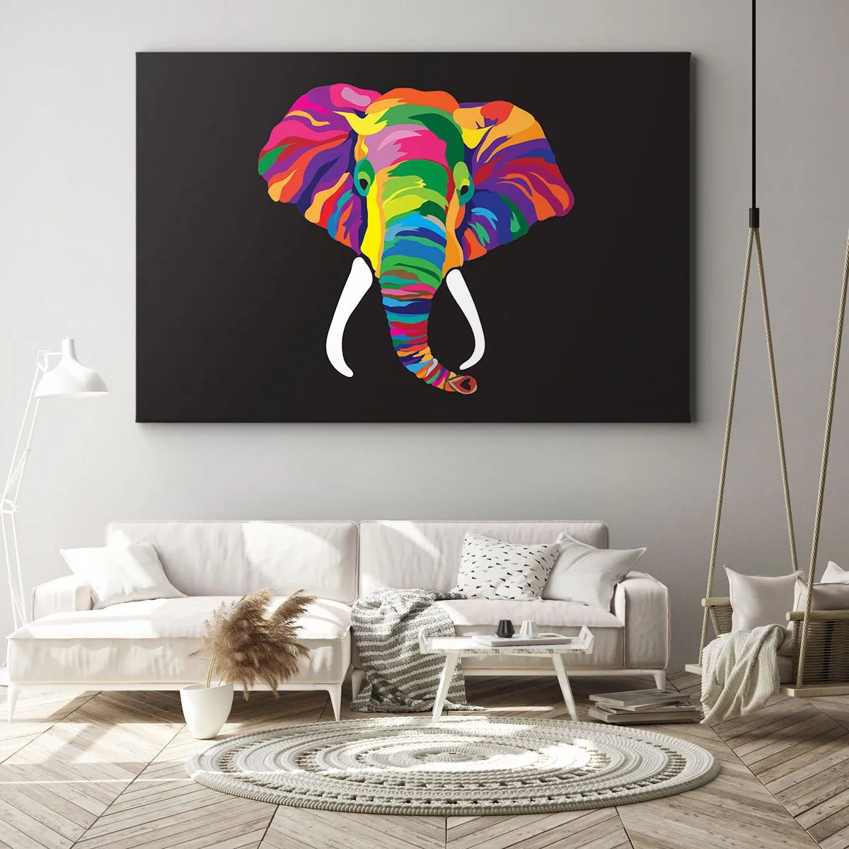 Bild auf Leinwand - Leinwandbild - Ein buntes Bild eines Elefanten auf schwarzem Hintergrund - 70x50cm - Der Elefant, der es liebte, im Regenbogen zu baden - Moderne Wanddekoration für Wohnzimmer und Schlafzimmer ARTTOR