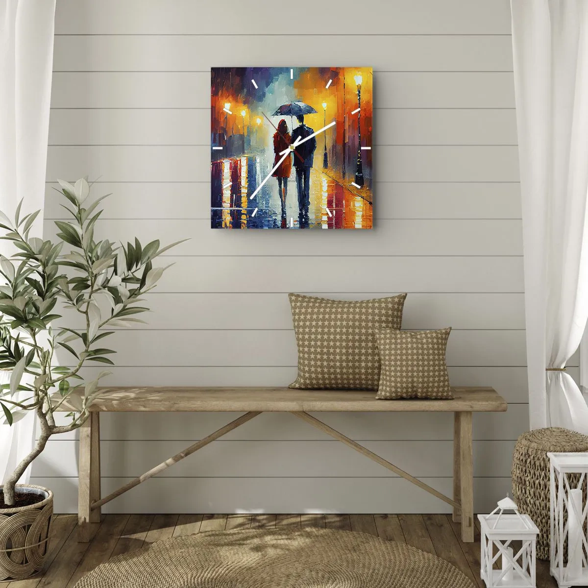 Wanduhr - Glasuhr - Ein Paar unter einem Regenschirm, das durch eine farbenfrohe Nachtstadt spaziert - 30x30cm - Gemeinsam – eine bunte Nacht - Moderne Wanddekoration für Wohnzimmer und Schlafzimmer ARTTOR