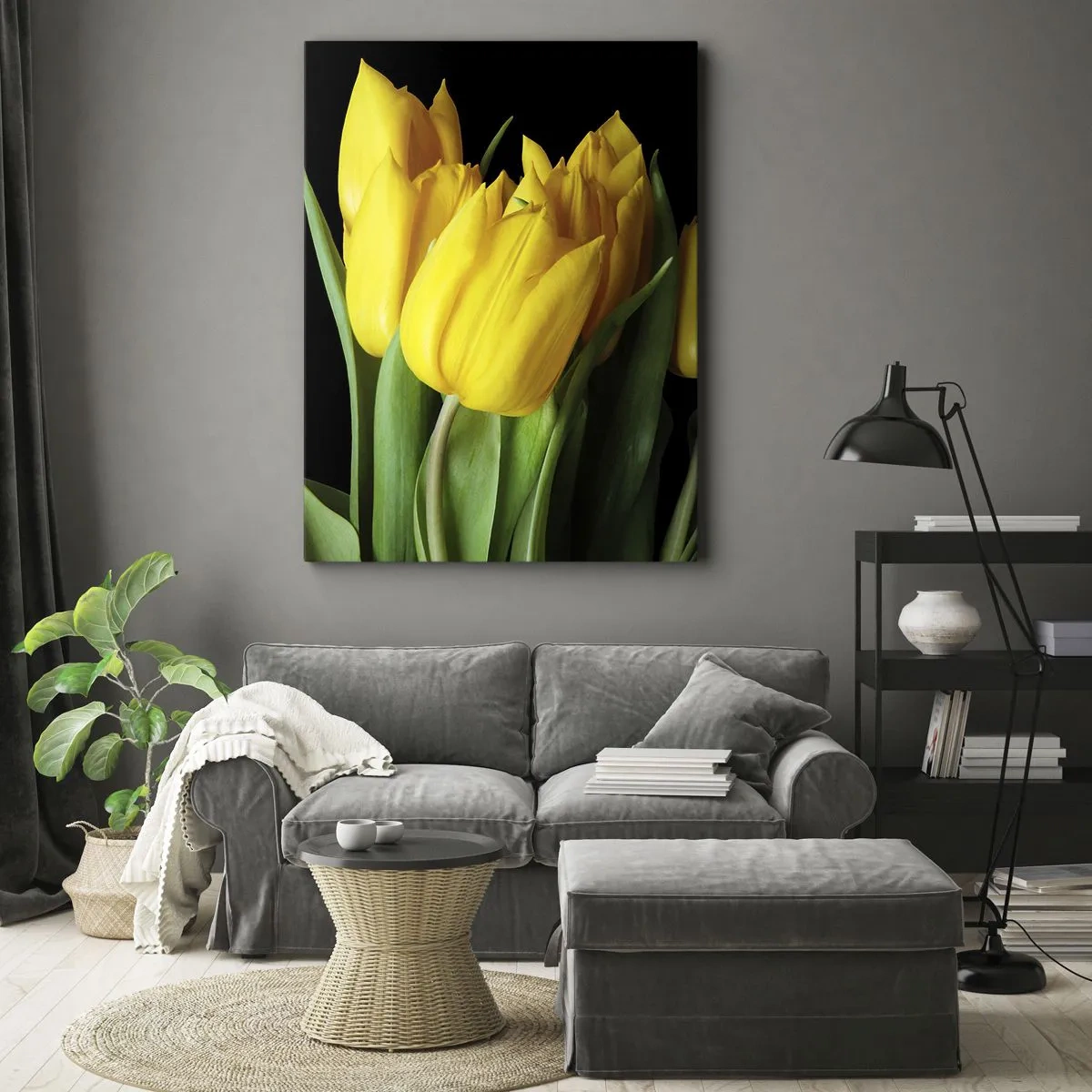 Bild auf Leinwand - Leinwandbild - Ein Strauß gelber Tulpen auf schwarzem Hintergrund - 50x70cm - Aus klarer Sonne entstanden - Moderne Wanddekoration für Wohnzimmer und Schlafzimmer ARTTOR