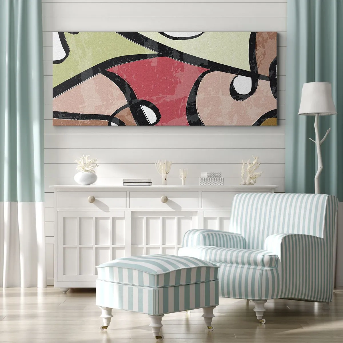 Bild auf Leinwand - Leinwandbild - Bunte abstrakte Formen mit schwarzen Linien - 140x50cm - Pirouetten unter Farben - Moderne Wanddekoration für Wohnzimmer und Schlafzimmer ARTTOR