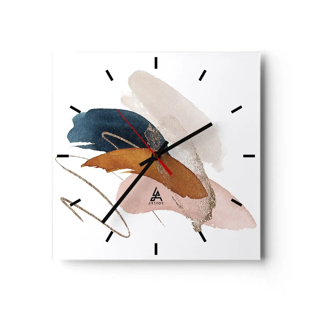 Wanduhr - Glasuhr - Abstrakte Striche in Pastellfarben mit goldenen Akzenten - 30x30cm - Geflügelte Komposition - Moderne Wanddekoration für Wohnzimmer und Schlafzimmer ARTTOR