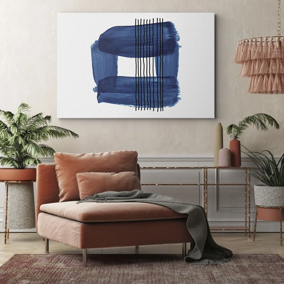 Bild auf Leinwand - Leinwandbild - Abstraktes Muster in Blautönen mit schwarzen Linien - 70x50cm - Blaue und schwarze Komposition - Moderne Wanddekoration für Wohnzimmer und Schlafzimmer ARTTOR