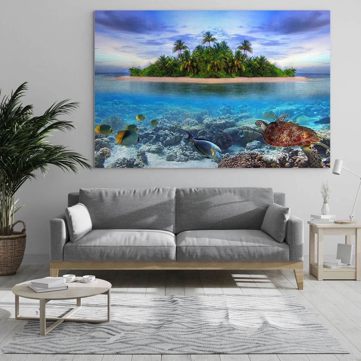 Glasbild - Bild auf glas - Eine tropische Insel mit Korallenriff und Meereslebewesen - 100x70cm - Heavenly Island lädt dich ein - Moderne Wanddekoration für Wohnzimmer und Schlafzimmer ARTTOR