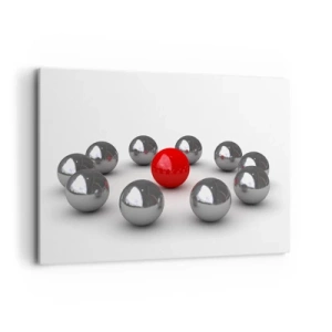 Bild auf Leinwand - Leinwandbild - Eine rote Kugel, umgeben von silbernen Kugeln auf weißem Hintergrund - 120x80cm - Ein Kreis in Silber und Rot - Moderne Wanddekoration für Wohnzimmer und Schlafzimmer ARTTOR