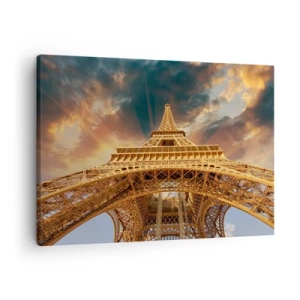 Bild auf Leinwand - Leinwandbild - Der Eiffelturm von unten vor der Kulisse der untergehenden Sonne - 70x50cm - Wie die Menschheit den Himmel erreichte - Moderne Wanddekoration für Wohnzimmer und Schlafzimmer ARTTOR