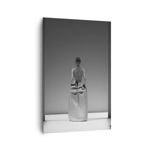 Bild auf Leinwand - Leinwandbild - Ein Schwarzweißgemälde mit einer minimalistischen Szene einer Frau in einem geometrischen Raum. - 80x120cm - Raffinierte Einfachheit - Moderne Wanddekoration für Wohnzimmer und Schlafzimmer ARTTOR