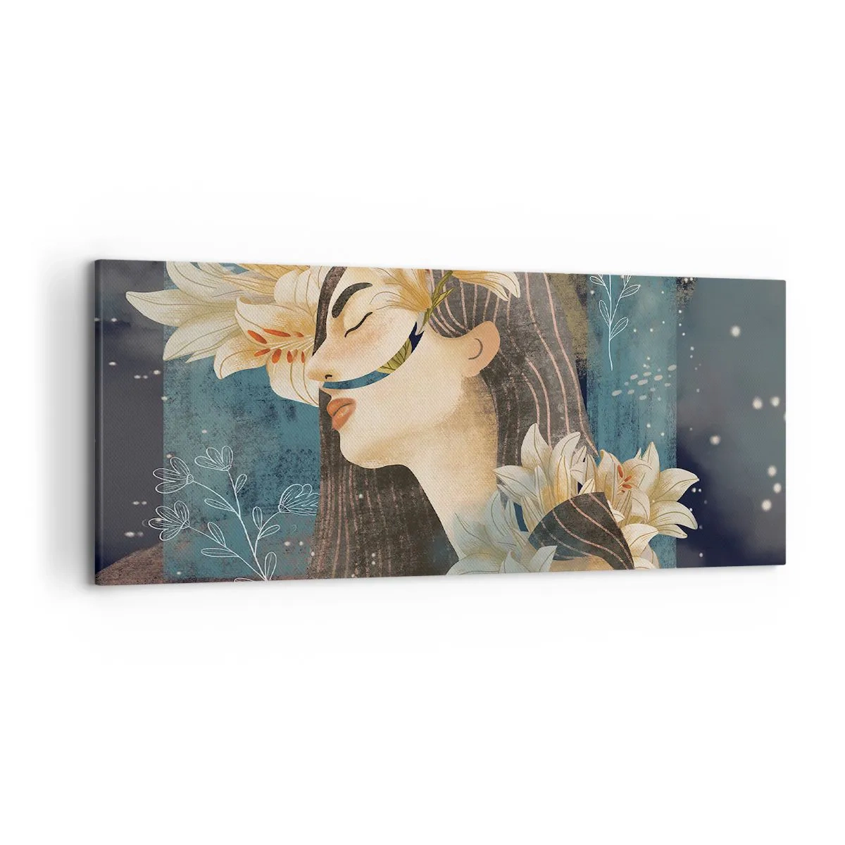 Bild auf Leinwand - Leinwandbild - Porträt einer Frau mit Blumen im künstlerischen Stil auf dunklem Hintergrund - 120x50cm - Ein Märchen über eine Prinzessin mit Lilien - Moderne Wanddekoration für Wohnzimmer und Schlafzimmer ARTTOR