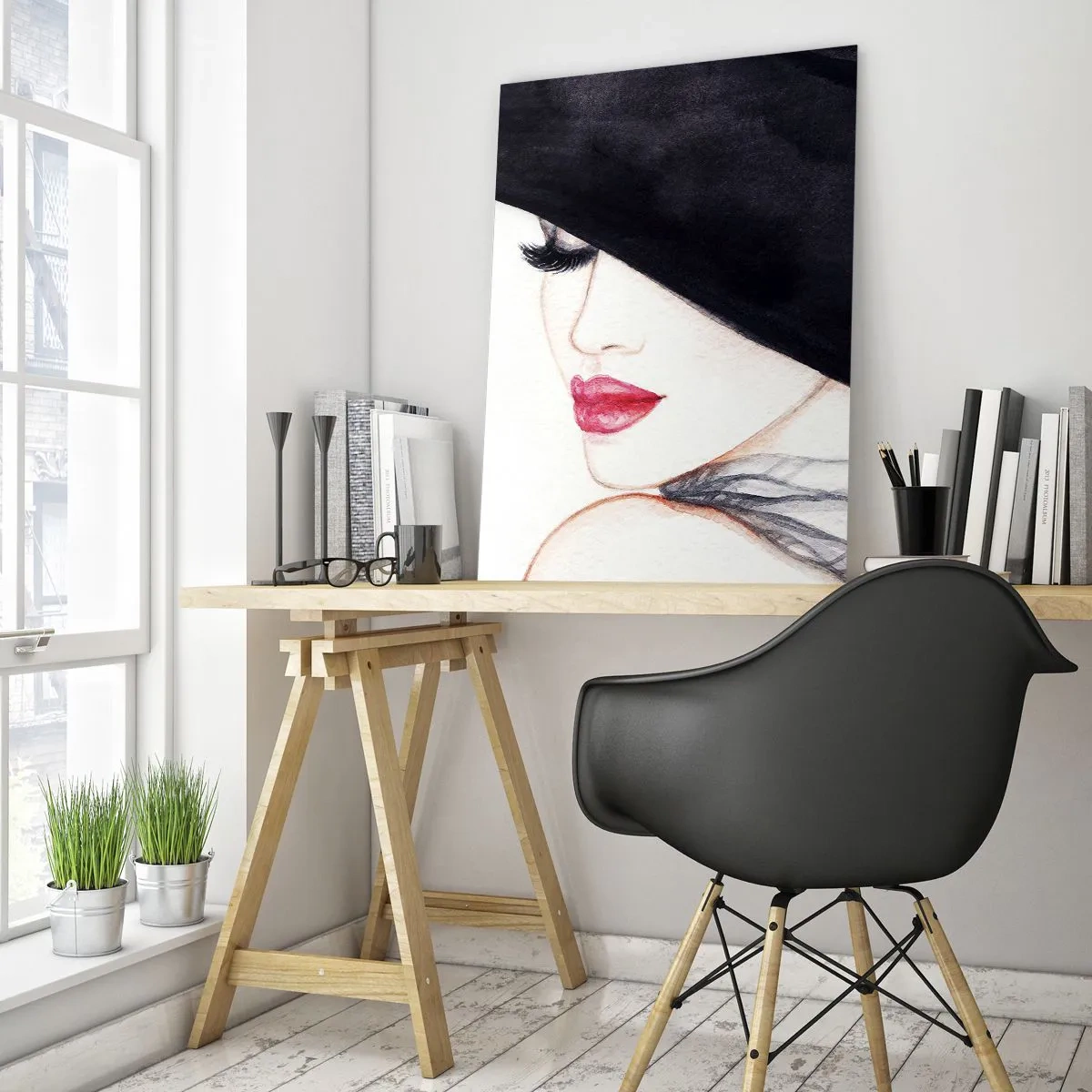 Glasbild - Bild auf glas - Eine subtile Illustration einer Frau mit schwarzem Hut und roten Lippen - 70x100cm - Eleganz und Sinnlichkeit - Moderne Wanddekoration für Wohnzimmer und Schlafzimmer ARTTOR