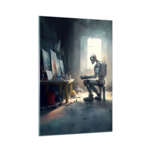 Glasbild - Bild auf glas - Ein Roboter malt ein Bild in einem Kunstatelier - 80x120cm - Schöpfungsakt - Moderne Wanddekoration für Wohnzimmer und Schlafzimmer ARTTOR