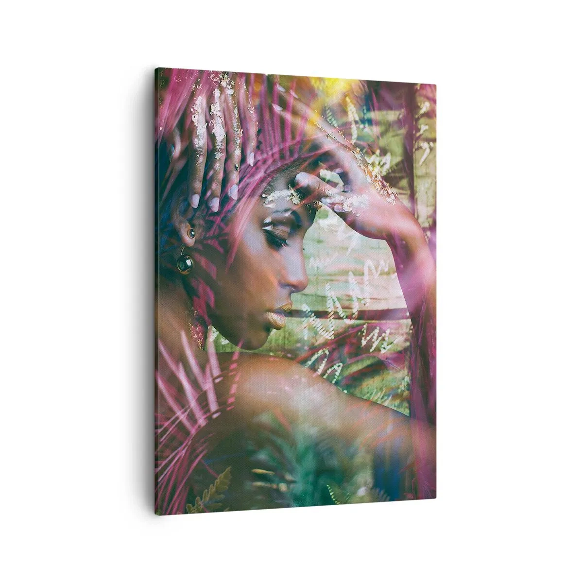 Bild auf Leinwand - Leinwandbild - Porträt einer Frau, umgeben von exotischer Vegetation - 50x70cm - Mutter Natur im Dschungel - Moderne Wanddekoration für Wohnzimmer und Schlafzimmer ARTTOR
