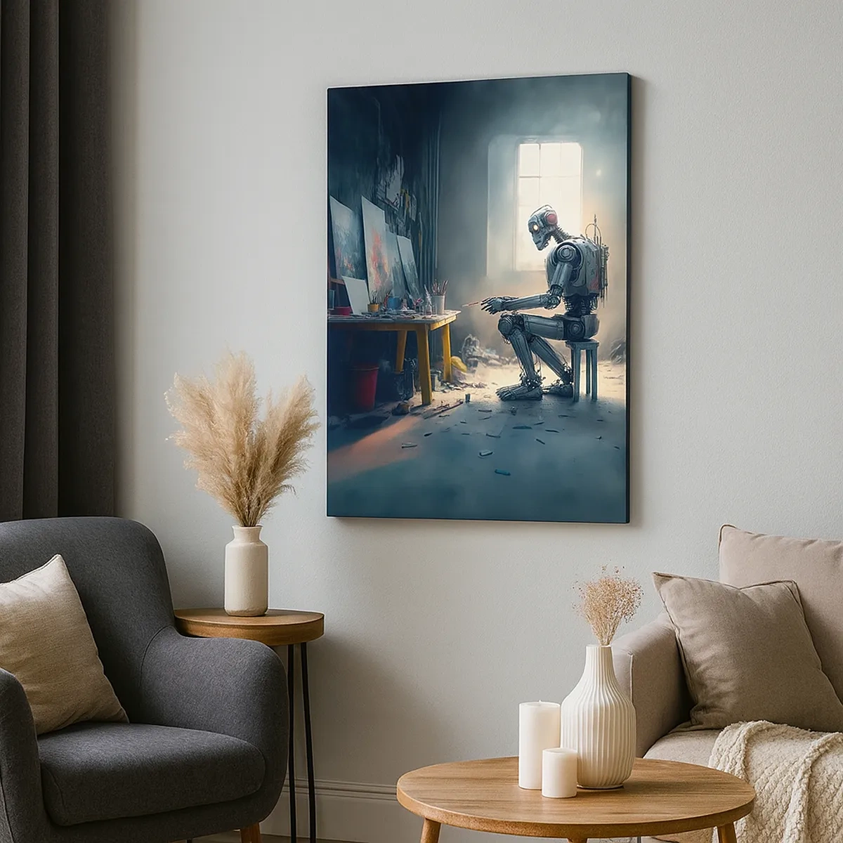 Bild auf Leinwand - Leinwandbild - Ein Roboter malt ein Bild in einem Kunstatelier - 50x70cm - Schöpfungsakt - Moderne Wanddekoration für Wohnzimmer und Schlafzimmer ARTTOR