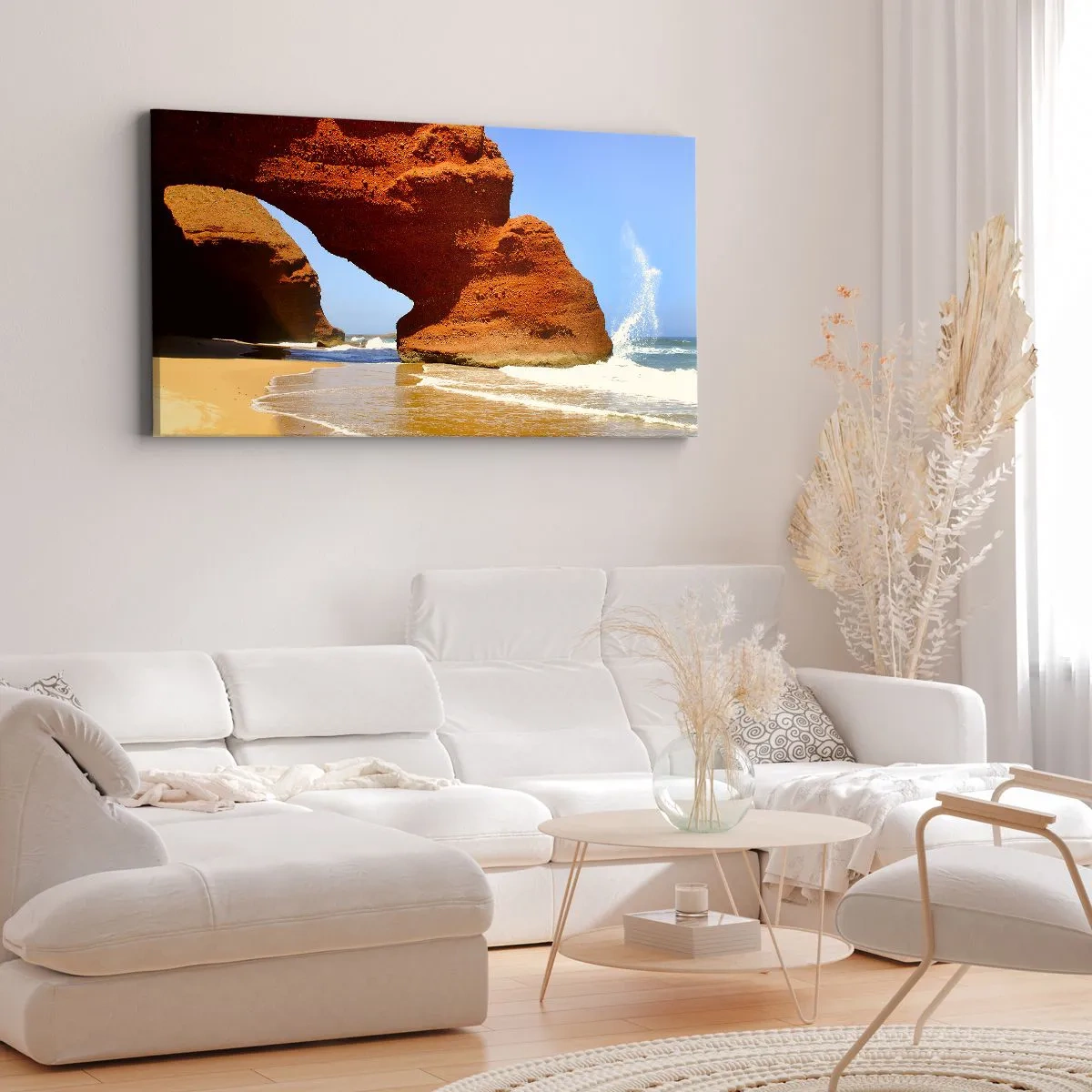 Bild auf Leinwand - Leinwandbild - Ein natürlicher Felsbogen an einem Strand mit blauem Himmel und Wellen - 160x50cm - Wasser und Wind seit Tausenden von Jahren - Moderne Wanddekoration für Wohnzimmer und Schlafzimmer ARTTOR