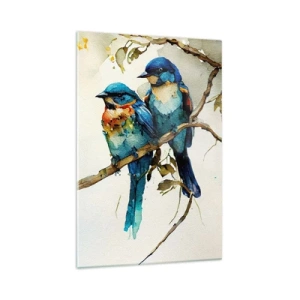 Glasbild - Bild auf glas - Drei bunte Vögel auf einem Ast im Aquarellstil - 70x100cm - War er beleidigt? - Moderne Wanddekoration für Wohnzimmer und Schlafzimmer ARTTOR