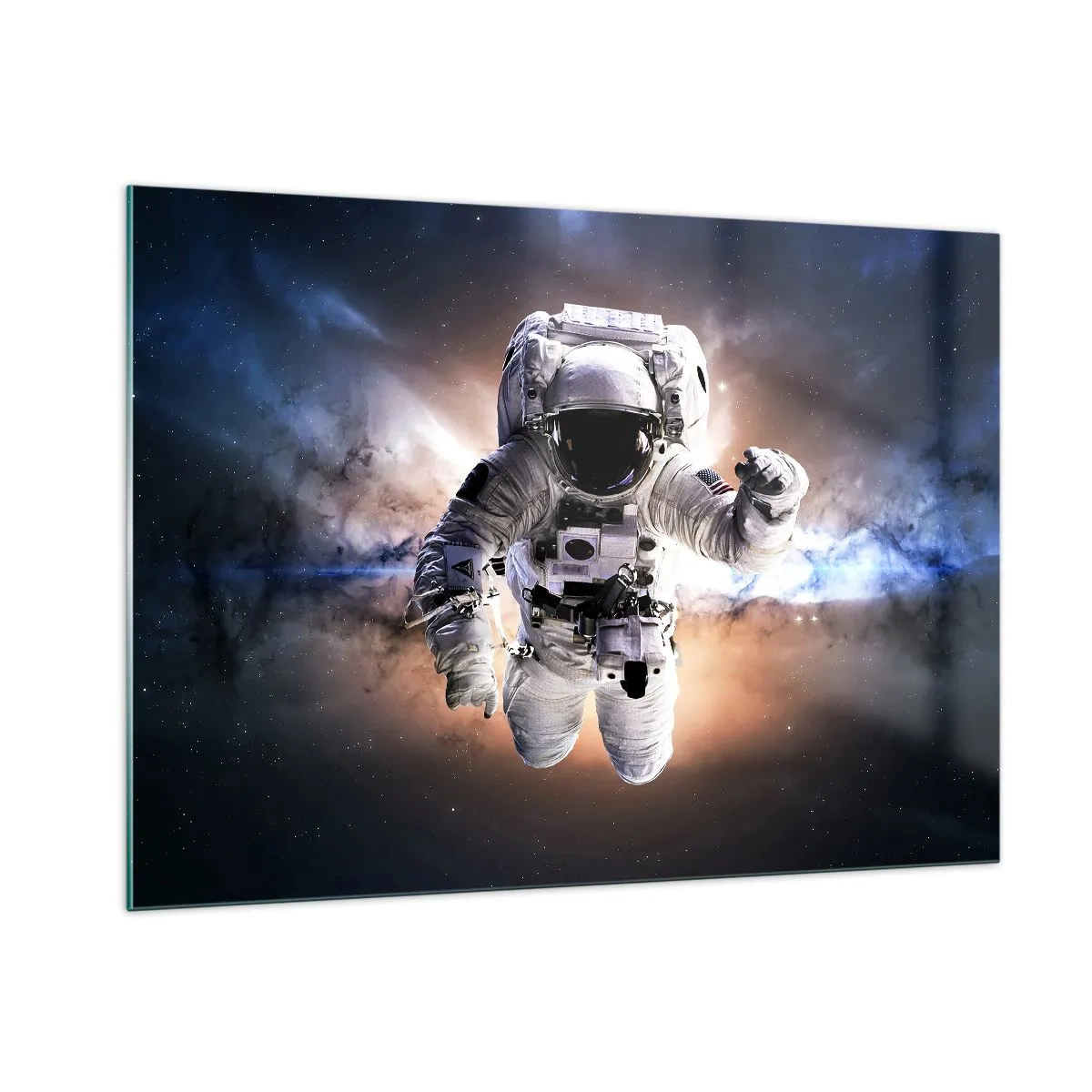 Glasbild - Bild auf glas - Astronaut im Weltraum mit einer Galaxie im Hintergrund - 100x70cm - Grüße aus dem Weltall - Moderne Wanddekoration für Wohnzimmer und Schlafzimmer ARTTOR