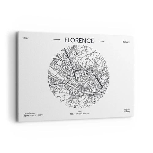 Bild auf Leinwand - Leinwandbild - Eine Karte von Florenz im minimalistischen Schwarz-Weiß-Stil - 100x70cm - Anatomie von Florenz - Moderne Wanddekoration für Wohnzimmer und Schlafzimmer ARTTOR