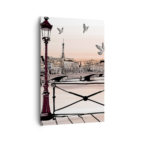 Bild auf Leinwand - Leinwandbild - Pariser Ansicht mit einer Laterne und einer Brücke - 80x120cm - Über den Dächern von Paris - Moderne Wanddekoration für Wohnzimmer und Schlafzimmer ARTTOR