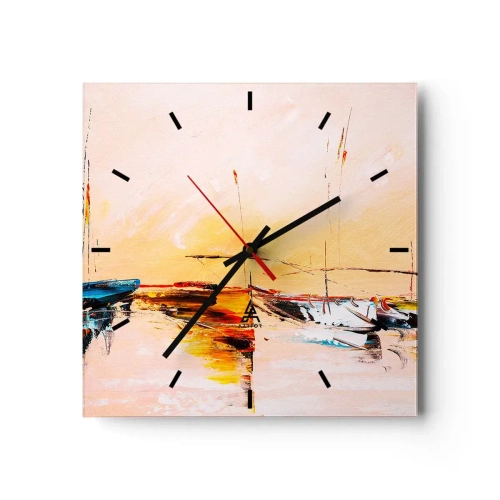 Wanduhr - Glasuhr - Bunte Boote auf ruhigem Wasser bei Sonnenuntergang - 30x30cm - Abend im Yachthafen - Moderne Wanddekoration für Wohnzimmer und Schlafzimmer ARTTOR