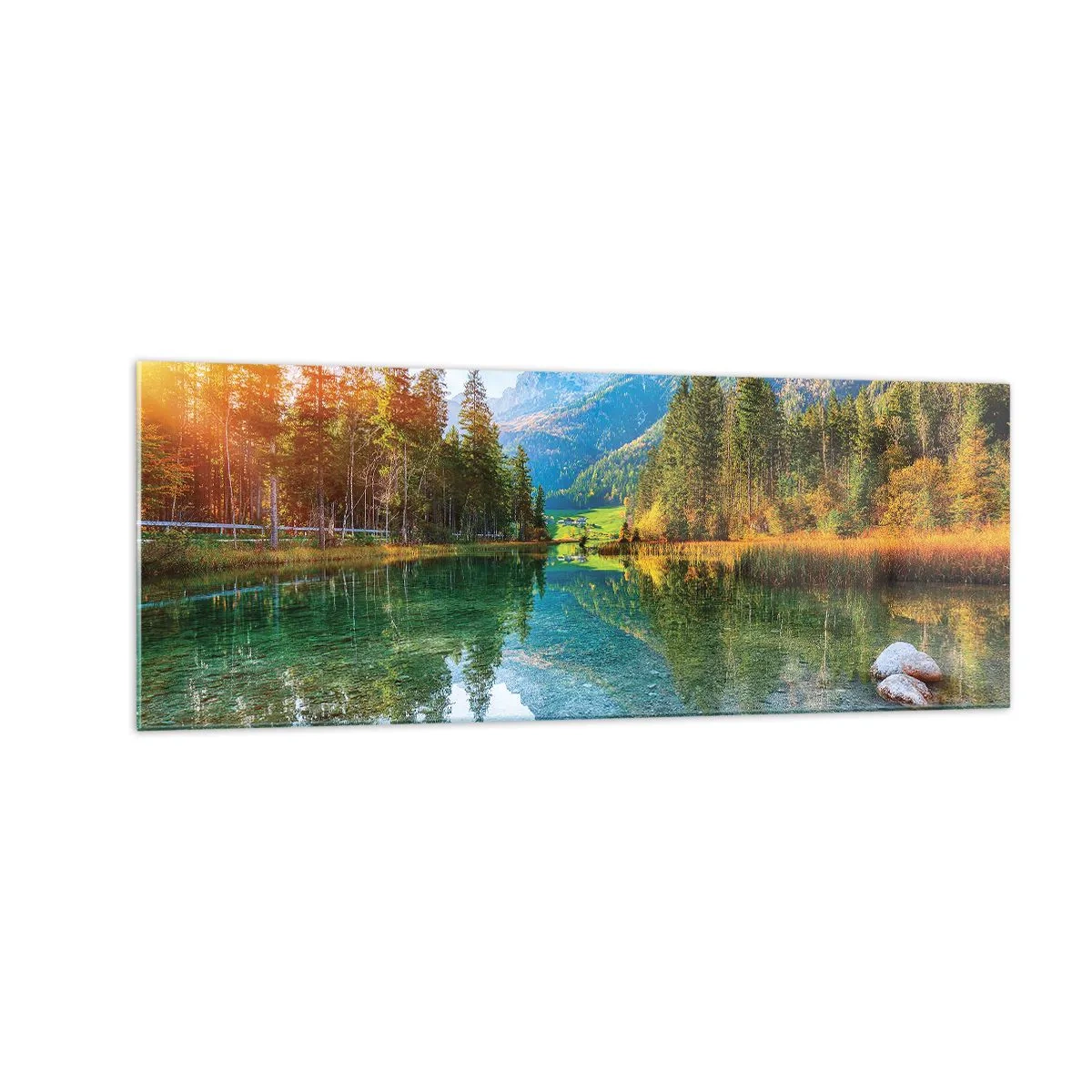 Glasbild - Bild auf glas - Ein malerischer See, umgeben von Bergen und Wäldern - 140x50cm - Die Sanftheit des Herbstes - Moderne Wanddekoration für Wohnzimmer und Schlafzimmer ARTTOR
