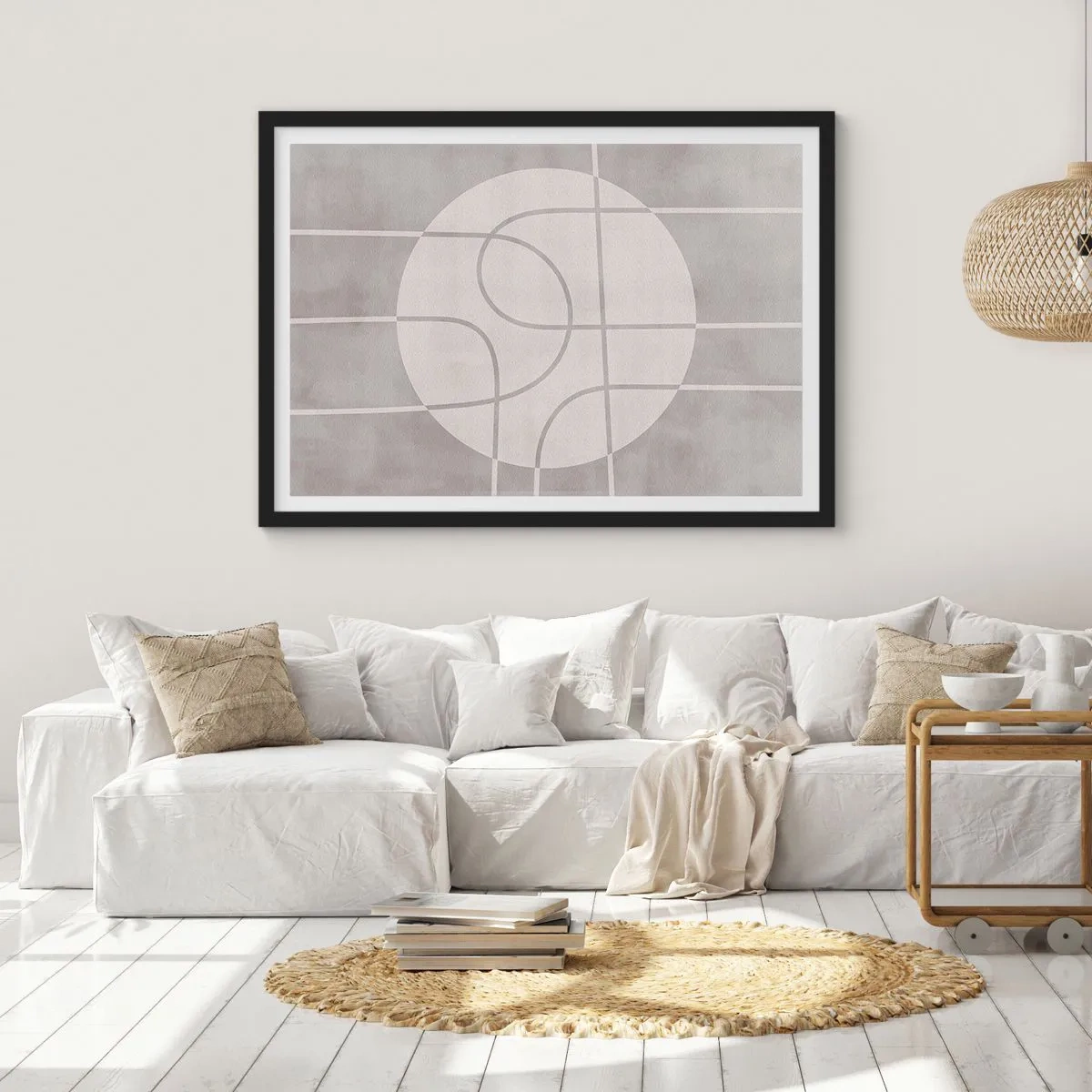 Poster in einem schwarzem Rahmen - Geometrisches Muster in Grau- und Weißtönen - 70x50cm - Kreisförmig und geradeaus - Moderne Wanddekoration für Wohnzimmer und Schlafzimmer ARTTOR