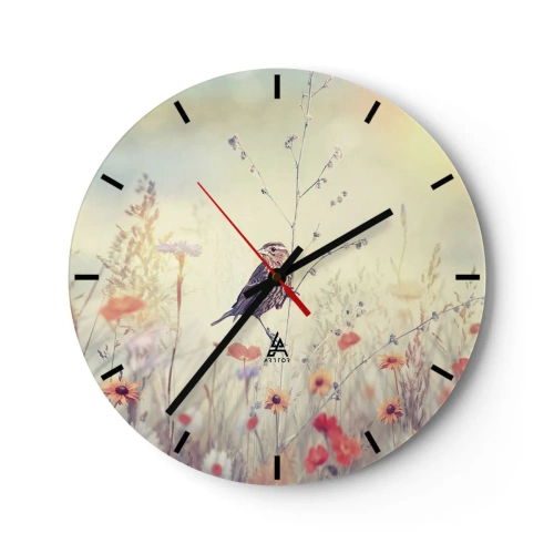 Wanduhr - Glasuhr - Ein Vogel zwischen Wildblumen in zarten Pastelltönen - 30x30cm - Vogelporträt mit einer Wiese im Hintergrund - Moderne Wanddekoration für Wohnzimmer, Küche und Schlafzimmer ARTTOR