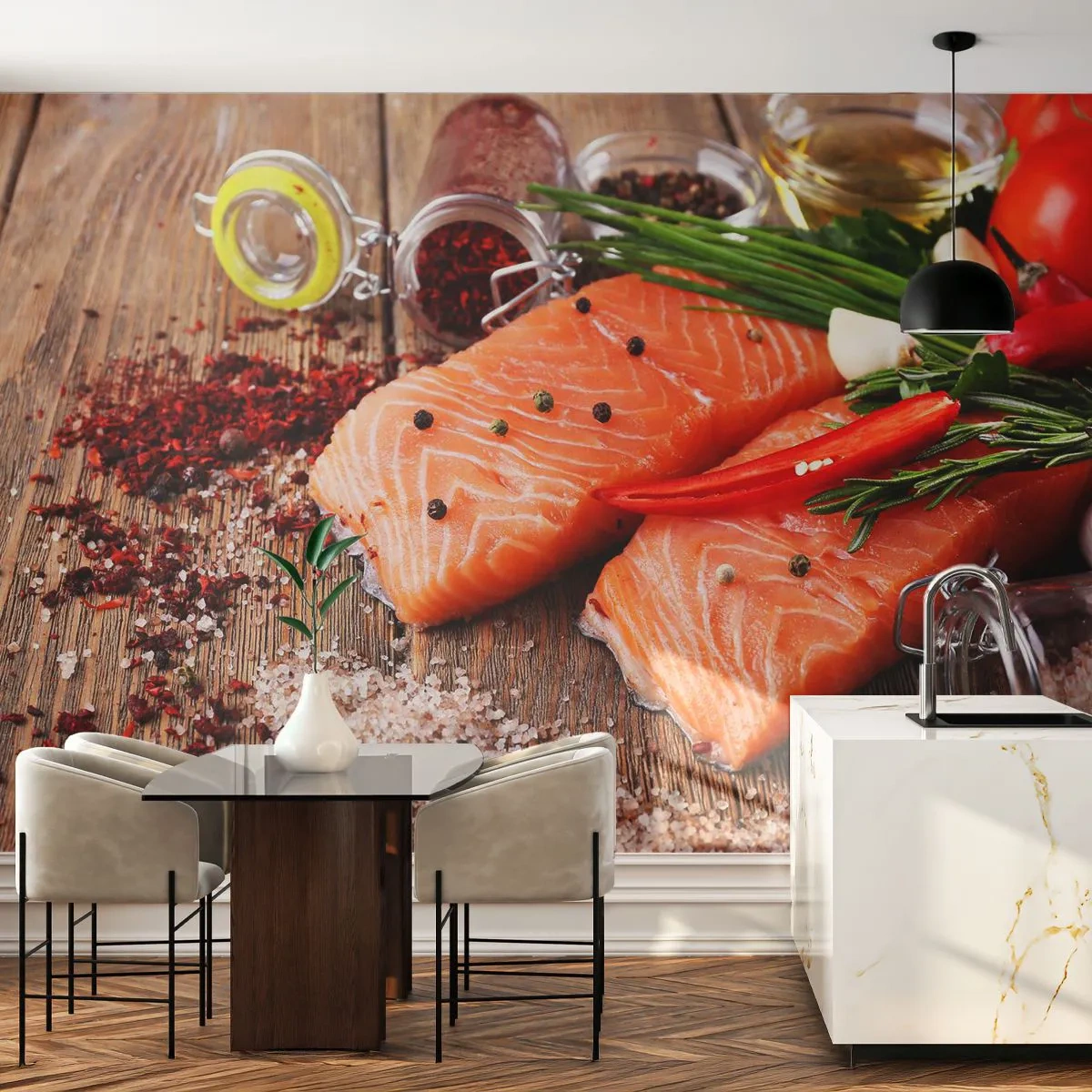 Selbstklebende Fototapete Deluxe Sticker - Norwegisches Abenteuer in der Küche - Gastronomie, Lachs, Gewürze - 250x175 cm
