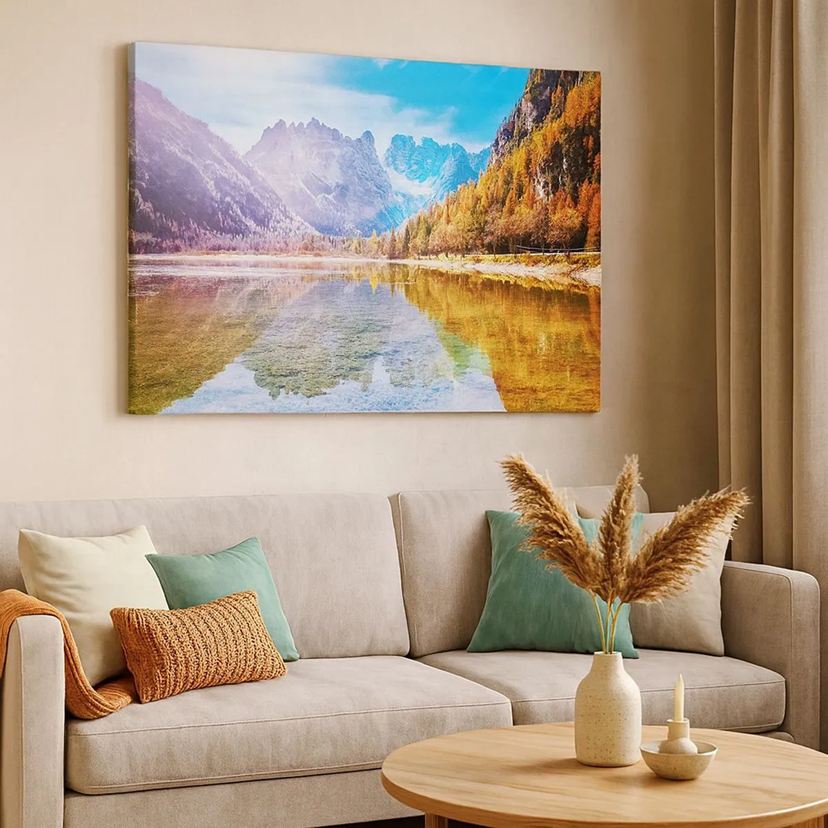 Bild auf Leinwand - Leinwandbild - Herbstliche Berglandschaft mit See - 70x50cm - Und in den Bergen ist es schon Herbst - Moderne Wanddekoration für Wohnzimmer und Schlafzimmer ARTTOR
