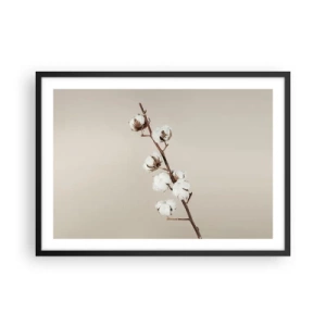 Poster in einem schwarzem Rahmen - Ein Zweig Baumwolle auf beigem Hintergrund - 70x50cm - An der Quelle der Weichheit - Moderne Wanddekoration für Wohnzimmer und Schlafzimmer ARTTOR