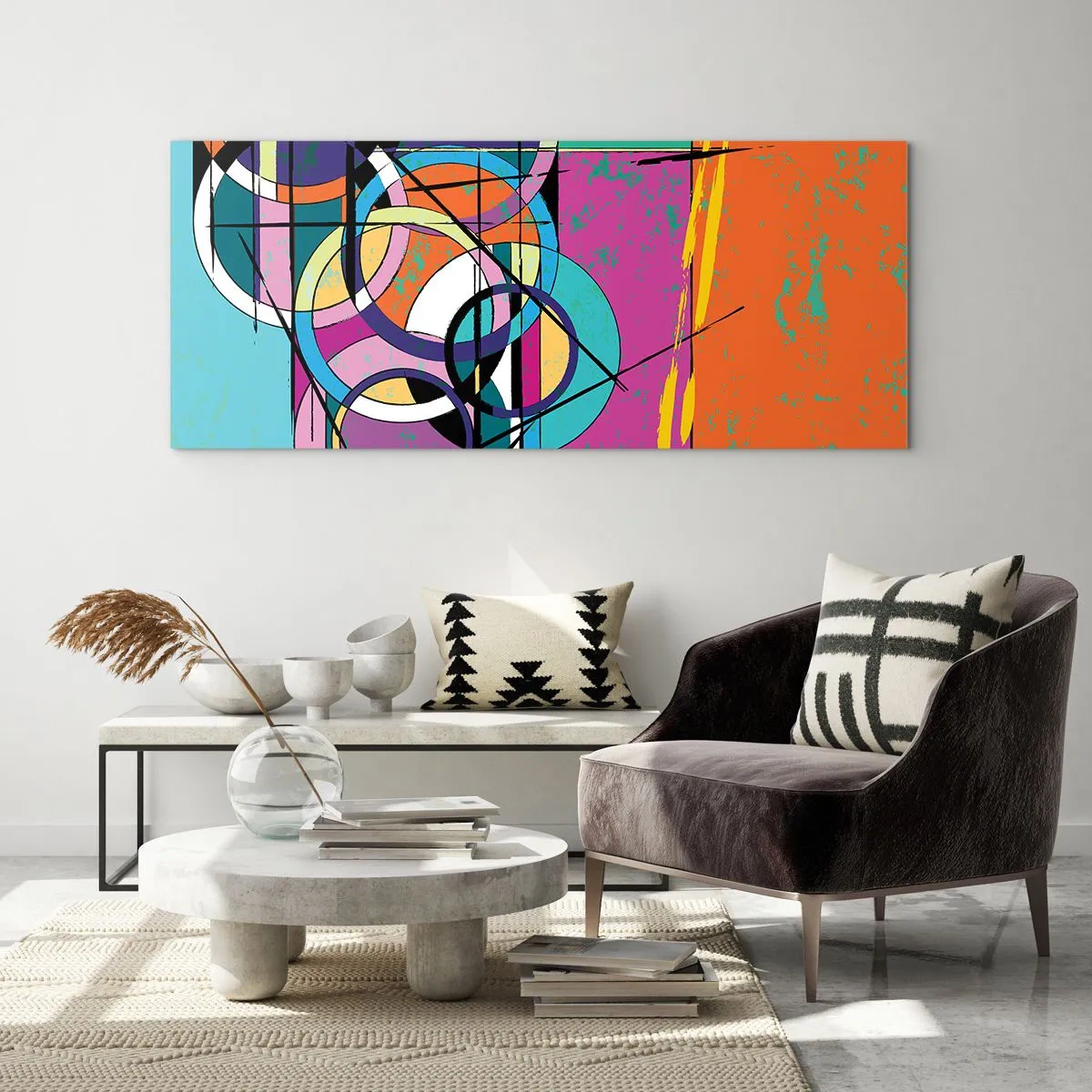 Glasbild - Bild auf glas - Bunte Abstraktion mit geometrischen Kreisen - 140x50cm - Rad für Rad - Moderne Wanddekoration für Wohnzimmer und Schlafzimmer ARTTOR