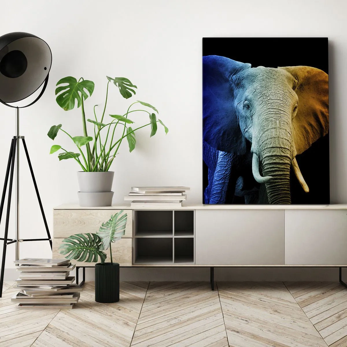 Bild auf Leinwand - Leinwandbild - Elefantenporträt in Regenbogenfarben - 50x70cm - Exzentrisch, kein Verrückter - Moderne Wanddekoration für Wohnzimmer und Schlafzimmer ARTTOR