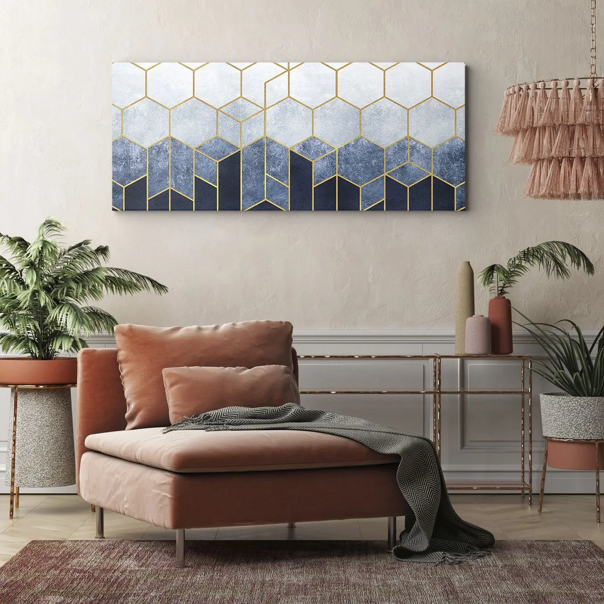 Bild auf Leinwand - Leinwandbild - Geometrisches Muster in Gold- und Marineblautönen - 160x50cm - Komposition im synkopischen Rhythmus - Moderne Wanddekoration für Wohnzimmer und Schlafzimmer ARTTOR