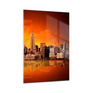 Glasbild - Bild auf glas - Panorama der Stadt bei Sonnenuntergang - 50x70cm - Das Großstadtpanorama in Gelb und Bronze - Moderne Wanddekoration für Wohnzimmer und Schlafzimmer ARTTOR