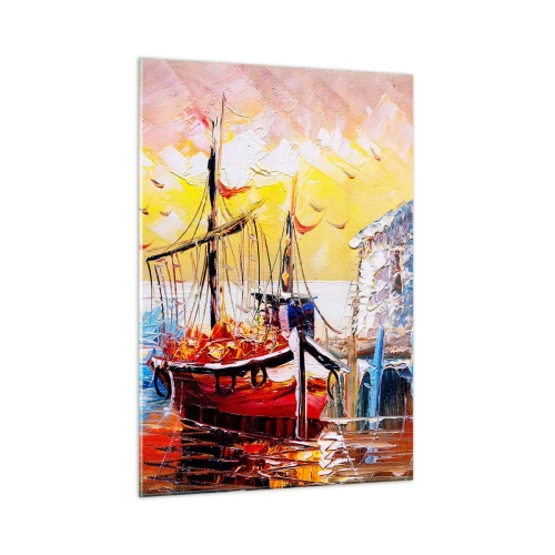 Glasbild - Bild auf glas - Bunte Segelboote bei Sonnenuntergang - 50x70cm - Glückliche Rückkehr - Moderne Wanddekoration für Wohnzimmer und Schlafzimmer ARTTOR