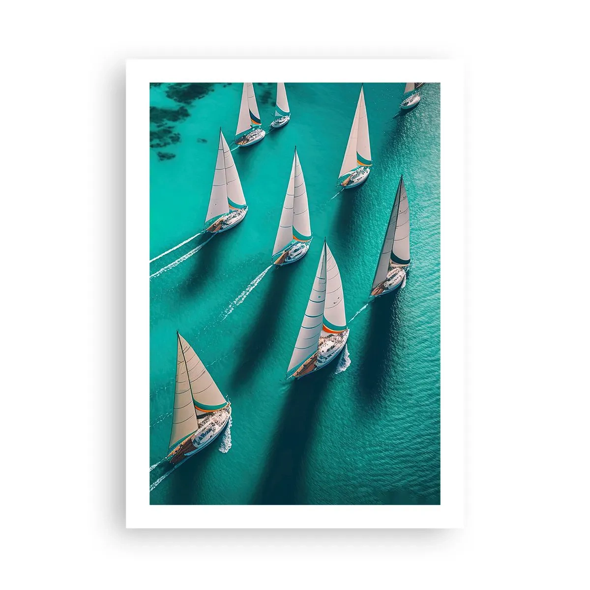 Poster - Segelregatta auf türkisfarbenem Wasser - 50x70cm - Im Wettbewerb mit dem Wind - Moderne Wanddekoration für Wohnzimmer und Schlafzimmer ARTTOR