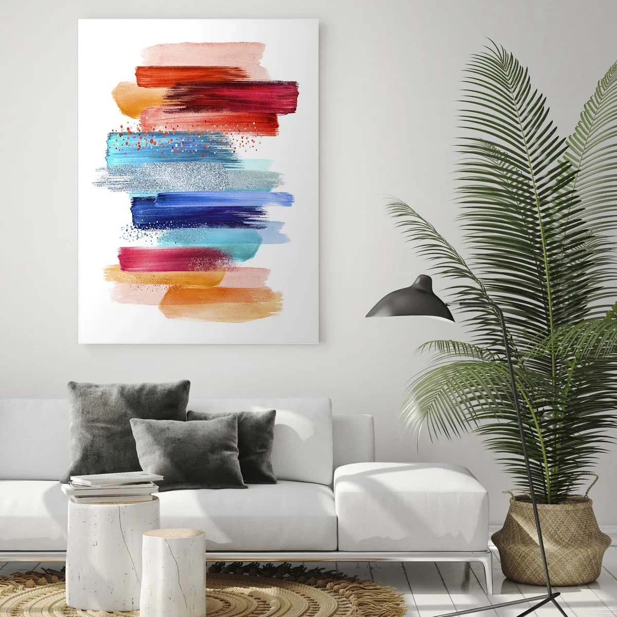 Glasbild - Bild auf glas - Bunte Pinselstriche auf weißem Hintergrund - 70x100cm - Auf und ab - Moderne Wanddekoration für Wohnzimmer und Schlafzimmer ARTTOR