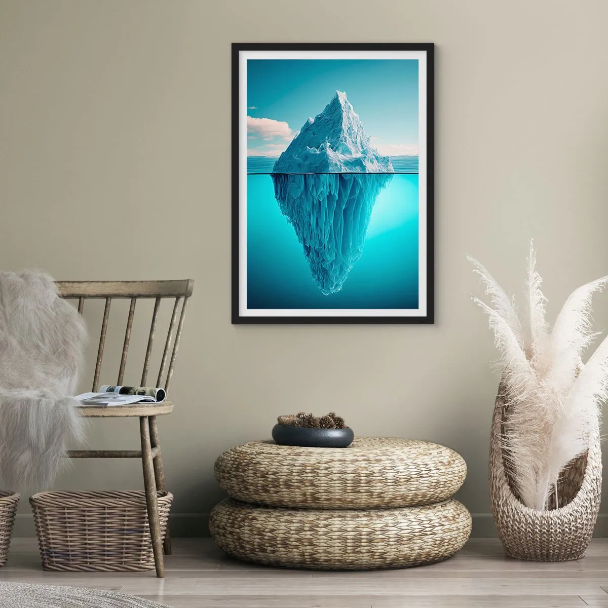 Poster in einem schwarzem Rahmen - Ein Eisberg, dessen Unterwasserteil sichtbar ist - 50x70cm - Königin des Eises - Moderne Wanddekoration für Wohnzimmer und Schlafzimmer ARTTOR
